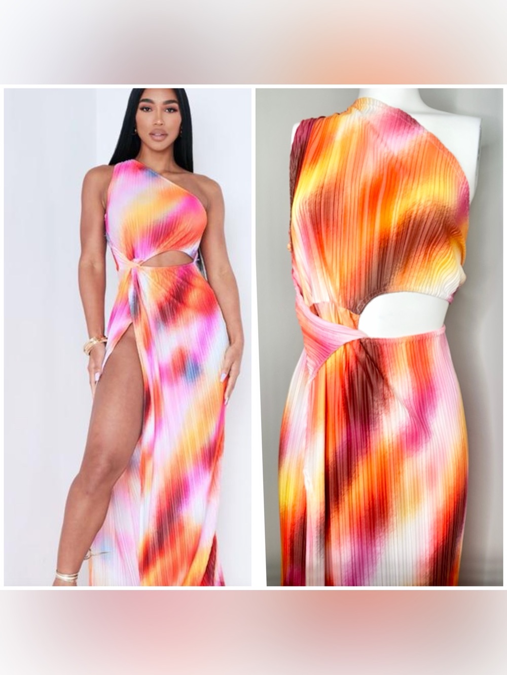 PrettyLittleThing One-Shoulder Cutout Maxi Dress in Pink Orange -12-NWT